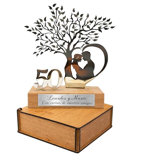 50 Aniversario Bodas Oro -Regalos 25, 50 Aniversario Boda- Figura Decorativa en Acero Inoxidable y Madera de Haya con Estuche de Madera de Lujo- Regalos para Bodas de Oro