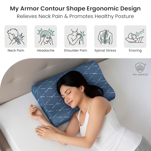 Image of MYARMOR Cool Gel Cervical Pillow for Neck Pain | Contour Design for Neck & Shoulder Pain Relief | Dual Height Ergonomic Support | 18 x 11 x 3.5 Inch | 2 Years Warranty | Blue Checks Cover - Pack of 1