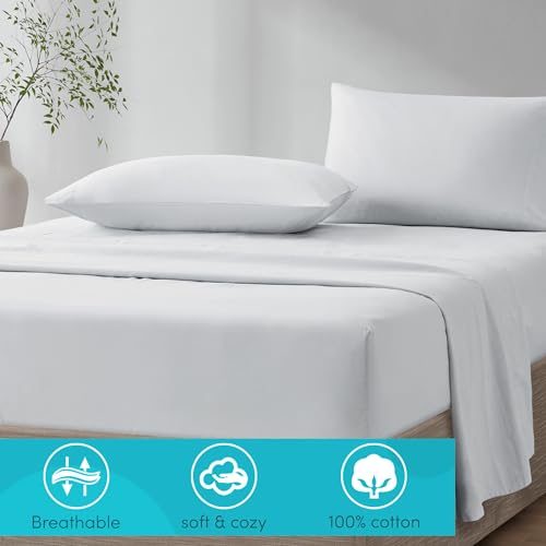 Comfort Spaces 100% Cotton Sheet Set Breathable, Lightweight, Soft with 14" Elastic Pocket Fits up to 16" Mattress, All Season Cozy Bedding, Matching Pillow Case, Cal King White 4 Piece