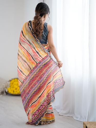 Image of Satrani Women's Georgette Printed & Mirror Work Saree with Unstitched Blouse Piece