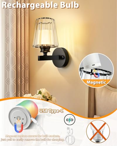Image of Adetu 10.4 Inch Crystal Wall Sconces Set of 2, Battery Operated Wall Sconce | 10000mAh Dimmable Magnetic Bulbs and Remote, 5%-100% Dimmable, RGB Rechargeable Wall Lamp for Bedroom Living Room Decor