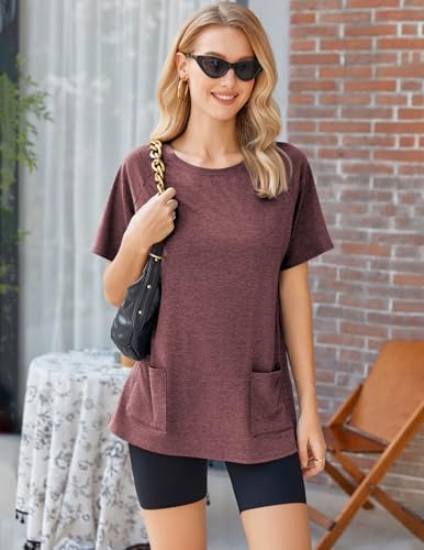 Image of Ekouaer Two Piece Sets for Women Summer Outfits 2026 Lounge Set Crew Neck Tshirts Biker Short Sweatsuit with Pocket