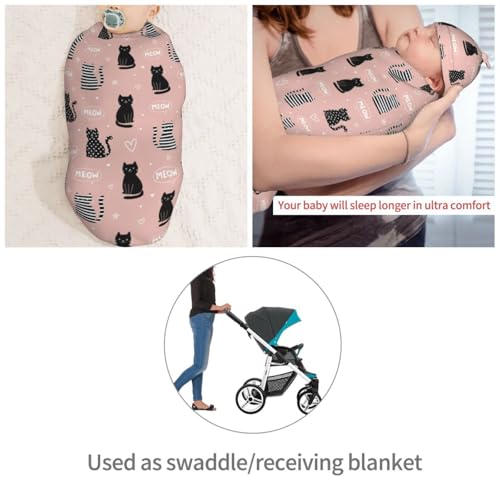 Image of Black Heart Cat Newborn Swaddle Blankets Hat Sets Soft Baby Receiving Blanket Swaddle Sack for Baby Shower Infant Boy Girl Gift
