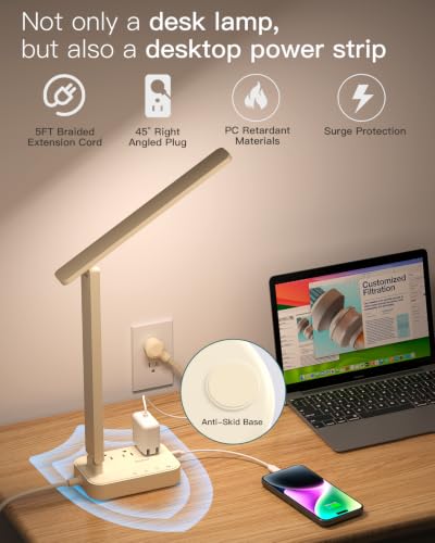 Image of Addtam LED Desk Lamp, Power Strip with 3 Outlets 4 USB Charging Ports(2 USBC), 4 Modes 5 Level Brightness Touch Lamp, Small Desk Lamp for Home Office College Dorm Room Essentials, Cream