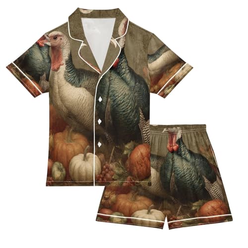 Satin Pajama Sets Short Sleeve Thanksgiving Turkeys Autumn Button Down Silky Nightwear 2 Piece PJS 5-14Y