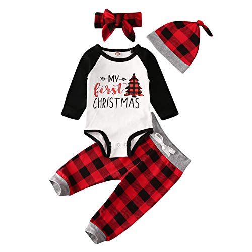 Image of My First Christmas 4pcs Plaid Outfit Newborn Baby Boy Girl Raglan Rompers Drawstring Pant Set (Black+White+Red, 0-3 Months)