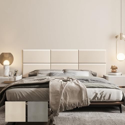 strusery Testiera per letto matrimoniale imbottita in ecopelle – Design 3D elegante, impermeabile e adesiva (confezione da 6, beige, 60 x 30 cm)