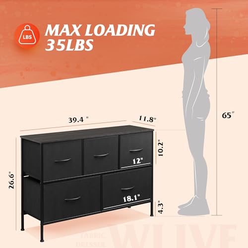 Image of WLIVE Dresser for Bedroom with 5 Drawers, Chest of Drawers, Fabric Dresser, Black Dresser with Fabric Bins for Closet, Living Room, Hallway, Charcoal Black, Size L