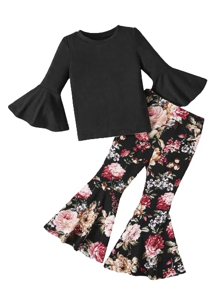Image of WDIRARA Girl's 2 Piece Flounce Sleeve Top and Leopard Print Bell Leg Bottom Pants Set