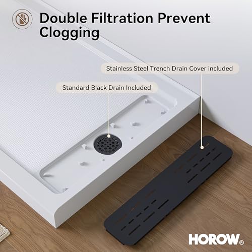 Image of HOROW Shower Base 60 inch x 32 inch, Right Drain Single Threshold Shower Base in White with Efficient Drainage, Non-Slip, Stainless Steel Cover, Small Rectangle Acrylic Shower Pan for Bathroom