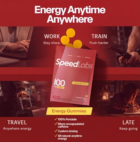 Image of Speed Labs Caffeine Energy Gummies Strawberry Lemon Natural, 25mg Caffeine, Taurine, B-Vitamins per Piece, Vegan, Gluten Free, 1g Added Sugar (8 Packs, Strawberry Lemon)