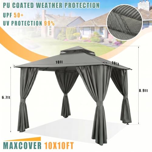 Image of COBIZI 10x10 FT Outdoor Gazebo, Soft Top Patio Gazebo with Ventilated Double-Tier Roof, Heavy-Duty Metal Frame Canopy with Removable Privacy Curtains for Backyard, Garden, Lawn, Gray