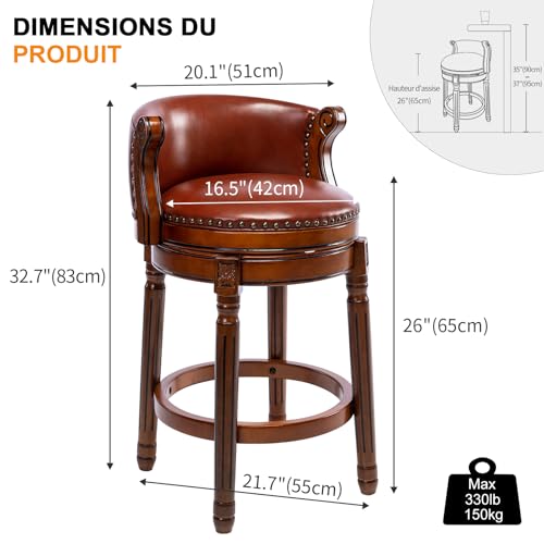 Image of Cow top Leather Wooden Bar Stools, 29.5 inch Bar Height Bar Chair with Back, 180 Degrees Swivel Barstools Chair for Home Kitchen Counter,Dining Room (Brown 1pc, Counter Height-Seat Height 26 inch)
