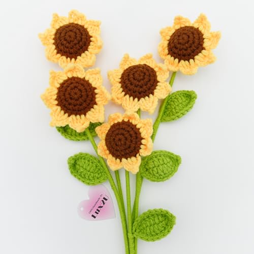 Image of Lux2U Handmade Crochet Sunflower with Leave and Long Stem (Baby Sunflower, 5 Pieces)