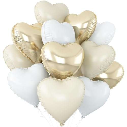 Cream White Heart Balloons 12Pcs Sand White Gold Heart Shaped Foil Balloons 18Inch Beige Helium Polyester Film Balloon for Boho Baby Shower Birthday Bridal Shower Wedding Party Decorations