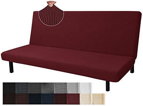 JIVINER Stretch Futon Cover Universal Armless Sofa Slipcover Non Slip Spandex Sofa Bed Without Armrest Cover Soft Spandex Futon Slipcover with Elastic Bands (Futon, Wine Red)