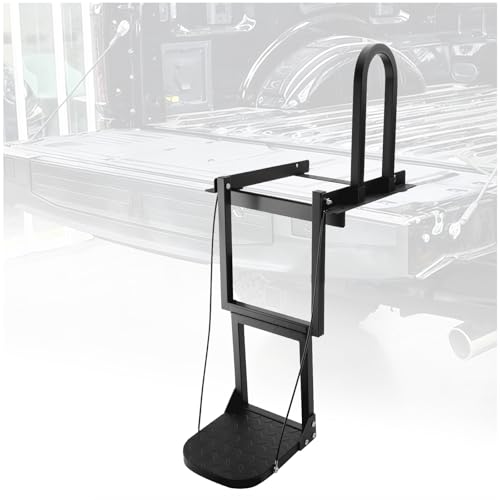 Foldable Tailgate Ladder Universal Pickup Truck Tailgate Ladder with Non-Slip Wide Pedal Heavy Duty Tailgate Step Adjustable Compatible with Ford Chevy GMC Ranger Tacoma Easy Install Capacity 300 lb