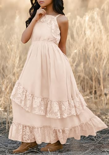 MITILLY Girls Boho Lace Flower Dresses Spaghetti Strap A-Line Ruffle Tiered Flowy Wedding Party Maxi Dress with Pockets2