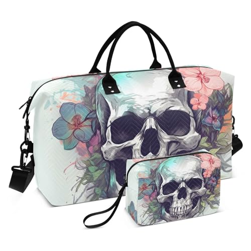 Large Travel Duffel Bag, Beautiful Skull Floral Sports Tote Gym Bag, Shoulder Weekender Overnight Bag for Women Men, Carry On Luggage with Toiletry Bags
