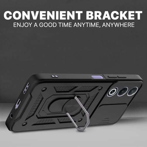 Image of Pikkme Back Cover for Oppo A3 Pro 5G | 360 Protection Case | Sliding Camera Shield Cover & Ring Holder Stand D10 Tough Armor Bumper Case (Black)