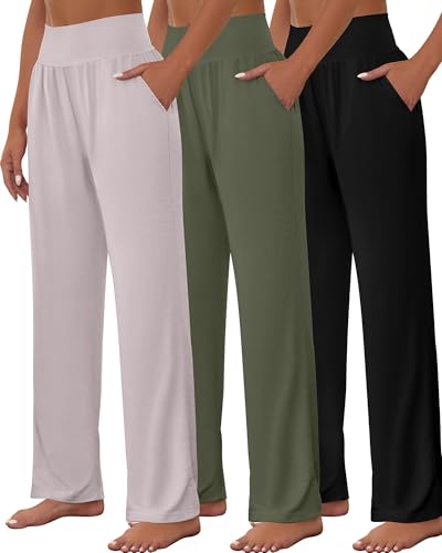 Neer 3 peças de calça feminina de ioga de perna larga, confortável, folgada, calça de moletom de cin
