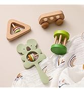 Promise Babe Wooden Baby Toys 4pcs Rattles Set Baby Toys Montessori Toys for Babies,Green
