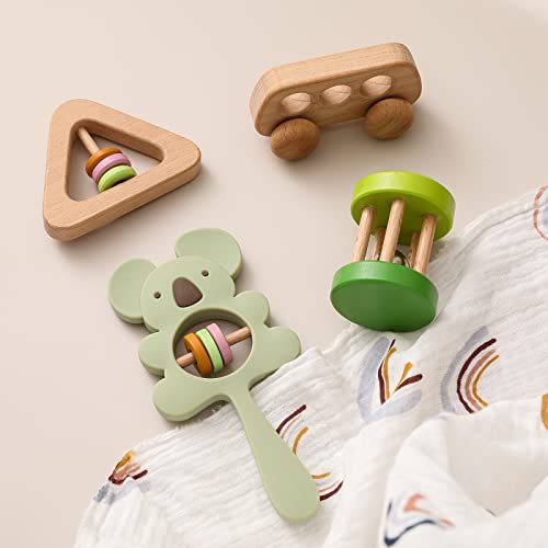 Image of Promise Babe Wooden Baby Toys 4pcs Rattles Set Baby Toys Montessori Toys for Babies,Green