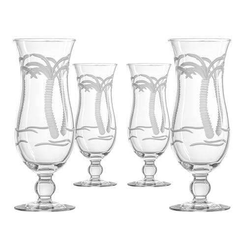 Rolf Glass Palm Tree Squall Hurricane Cocktail Glass | 18oz Coastal Glassware | Set of 4 Tropical Drink Glasses | Engraved and Lead-Free Crystal Glass | Designed and Engraved in the USA