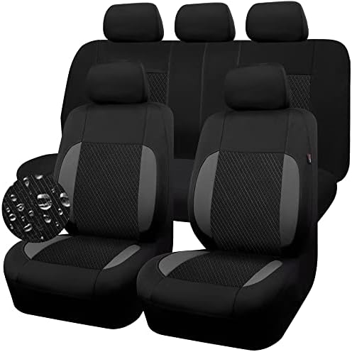 CAR-GRAND Rhombus Embossed &Waterproof Neoprene Universal Fit Car Seat Cover,Airbag Compatible,Rear 3 Zipper Armrest Design(Sporty Full Set, Black and Gray Charcoal)