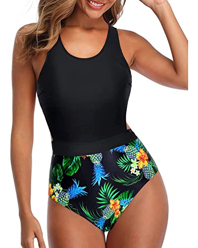 Tempt Me Black Pineapple One Piece Swimsuits Tummy Control Cutout Bathing Suit For Teen Girls Zip Up Monokini S #TOP2