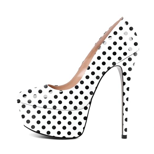 Eldof Women's Platform High Heels, Slip On Stiletto Heels Round Closed Toe Platform Pumps Shoes for Dress Wedding Party 6 Inches Patent Polka Dot US Size 8.5