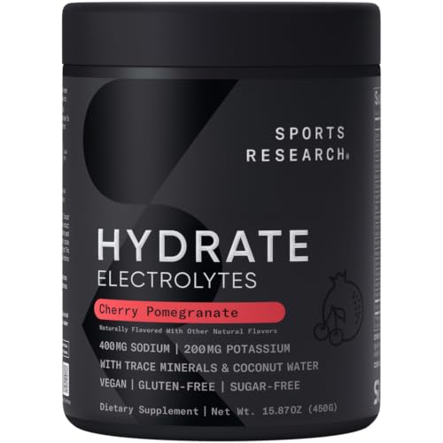 Sports Research Hydrate Electrolytes Cherry Pomegranate, 90 Servings, Sugar-Free, Trace Minerals & Coconut Water, 2:1 Sodium to Potassium Ratio, Family-Sized Jar