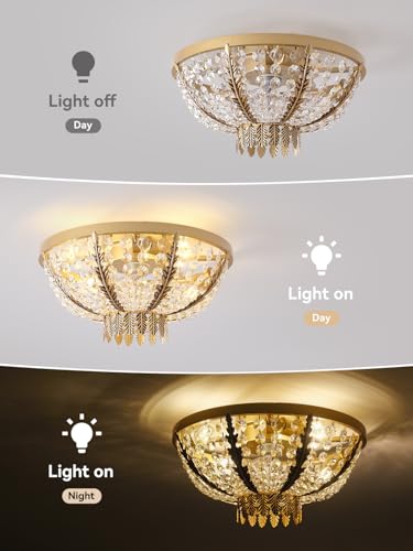 Image of 20 inch Gold Crystal Fandelier Ceiling Fan with Light, Crystal Flush Mount Ceiling Fan with Light Remote Control,Mid-Century Caged Crystal with 6 Speed for Bedroom, Nursery, Living Room