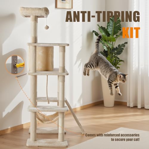Image of Sweetcrispy 63 inch Cat Tree Tower, Large Multi Level Cat Climbing Tower with Condo, Natural Sisal Scratching Posts, Extended Platform, Hammock, Pet House for Indoor Cats and Kittens Play, Beige