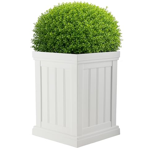 Outdoor Planter Box - 13.7 Square 19 Tall Plastic Plant Pot with Drainage Holes - Flower Pots for Plants - Outdoor Planters for Front Porch Decor Patio Garden or Entryway by Pure Garden (White)