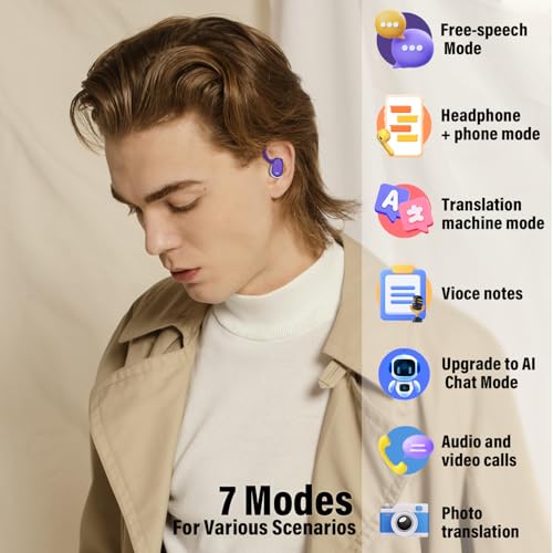 KI Übersetzer Kopfhörer, 3-in-1 Echtzeit Sprachübersetzer Kopfhörer 164 Sprachen mit App, 50Std Bluetooth 5.4 Übersetzungskopfhörer, 7 Modi, Violett Übersetzer Ohrhörer für Geschäftlich/Lernen/Reisen