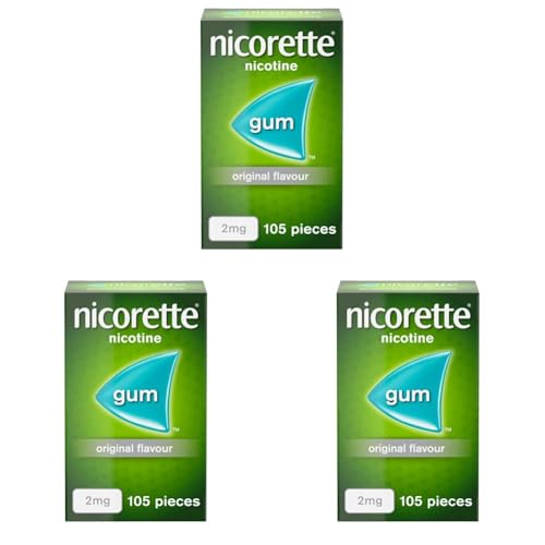 Nicorette 2mg Gum Original Flavour (105 Pieces), Nicotine Gum to Help Quit and Stop Cigarettes for Good, Discreet and Fast-Acting Stop Smoking Aid to Ease Cravings (Pack of 3)