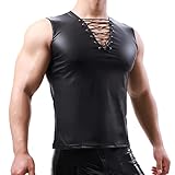 QiaTi Herren Kunstleder Unterhemd sexy ärmelloses t-Shirt Herren Männer Muskelshirt Top V-Ausschnitt Unterhemden
