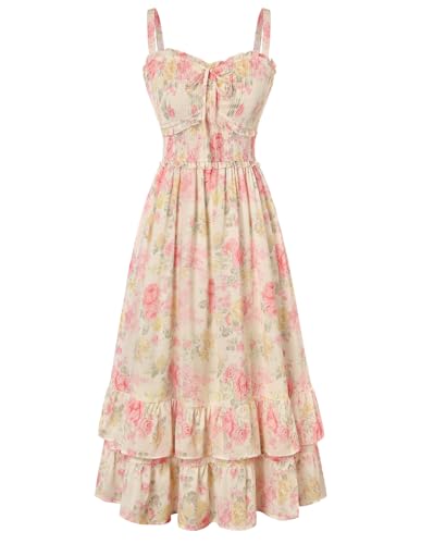 Women's Floral Dress Smocked Sundress with Pockets Pink Yellow Floral S
