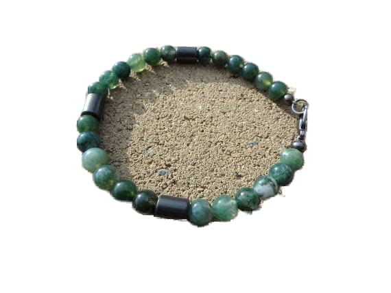Bracelet agate mousse verte et hématite poli avec fermoir argenté