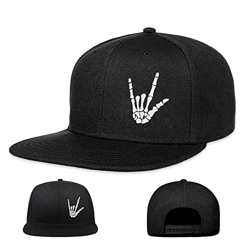 Mens Hats Snapback Hats for Men Flat Bill Black Custom Snap Backpack Hat for Men Baseball Cap Flat Brim Cool Mens Snapback Hats Skeleton Skull Finger Fitted Gaming Gorras para Hombres Originales