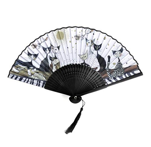 Éventail Rosina Wachtmeister - Famille de Chats Or, Noir et Blanc