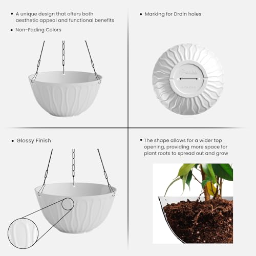 Image of YUCCABE ITALIA SHERA Hanging Wave 8 Inch Plastic Flower Pot for Plant Pack of 6 Pcs Round Shape Hanging Pot for Balcony Railing Planters for Indoor and Outdoor Garden (White)