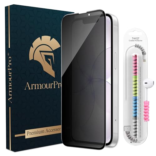 Image of ArmourPro Matte Privacy Tempered Glass for iPhone 17e, 14, 13 and iPhone 16e, Anti-Spy Anti-Glare Screen Protector, Edge-to-Edge Full Coverage, 9H Anti Scratch, Smooth Touch, Easy Installation Kit with Cable Protector