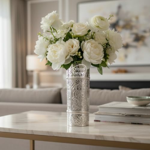 Image of Cylindrical Shape Aluminum Flower Vase for Home Decor, Traditional Embossed Metal Flower Pot for Office Table Decorations,Gift for Festival, 9 inches, German Silver (Large)