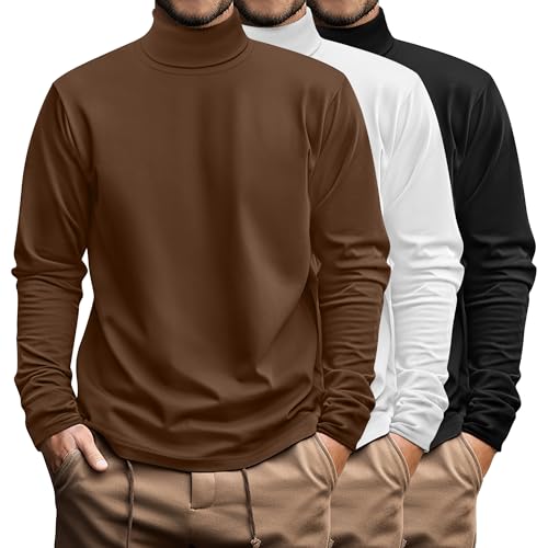 Ficerd 3 Pack Men's Big and Tall Turtleneck Shirts Cotton Long Sleeve Turtle Neck Tops Plus Size Loose Fit Basic Tee
