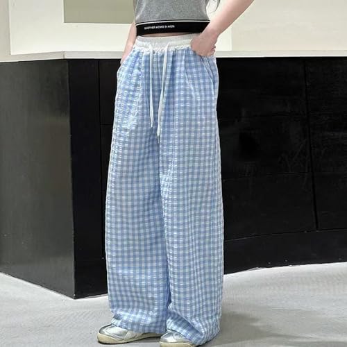 Girls Patchwork Plaid Summer Pants Casual Elastic Waist Loose Straight Leg Trousers with Pockets for 4-13 Years4