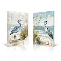 CXHOSTENT Heron Canvas Wall Art 2 Pieces Sea Bird Heron Picture Coastal Birds Poster Prints Beach Animal Painting for Farmhouse Bathroom Decor Framed (Green, 30.00 x 40.00 cms x 2PCS)