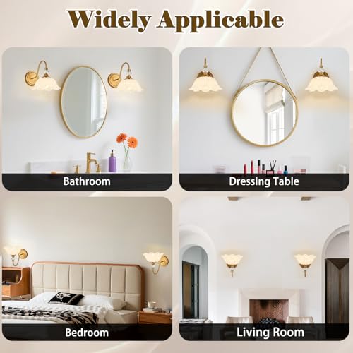 Image of 1 Piece Vintage Wall Sconce with Floral White Glass Shade, Matte Brass Finish Wall Sconce for Bathroom, Vintage Bathroom Vanity Light Fixture
