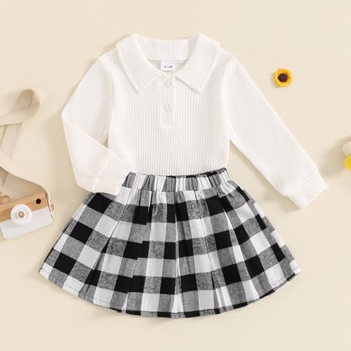 Image of BeQeuewll Toddler Girl Fall Winter Clothes Set Long Sleeve Ribbed Knit Shirt Plaid Tutu Skirt Kids Girls Dress 1T 2T 3T 4T 5T (White, 3-4T)